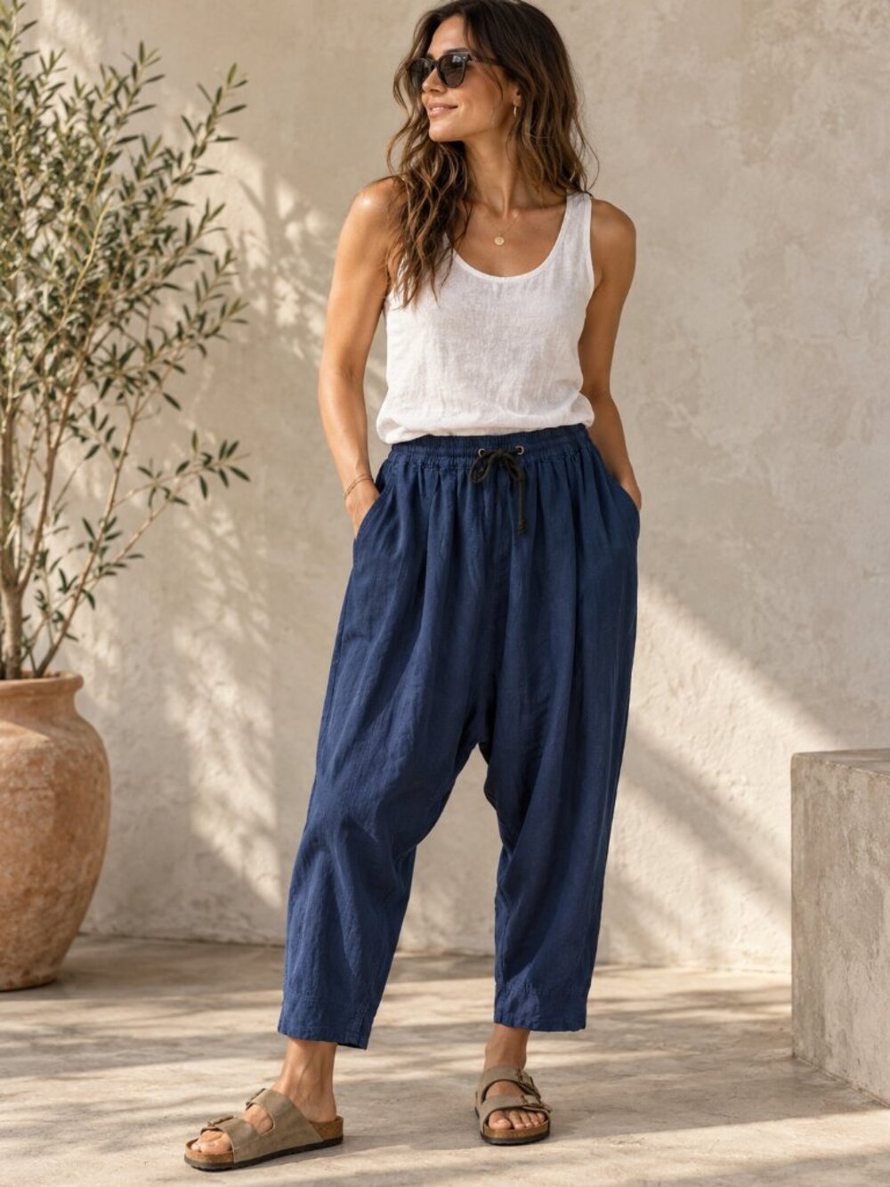 Anthropologie Pilcro Indigo Cotton Linen Drop Crotch Slouchy Balloon Pants XL